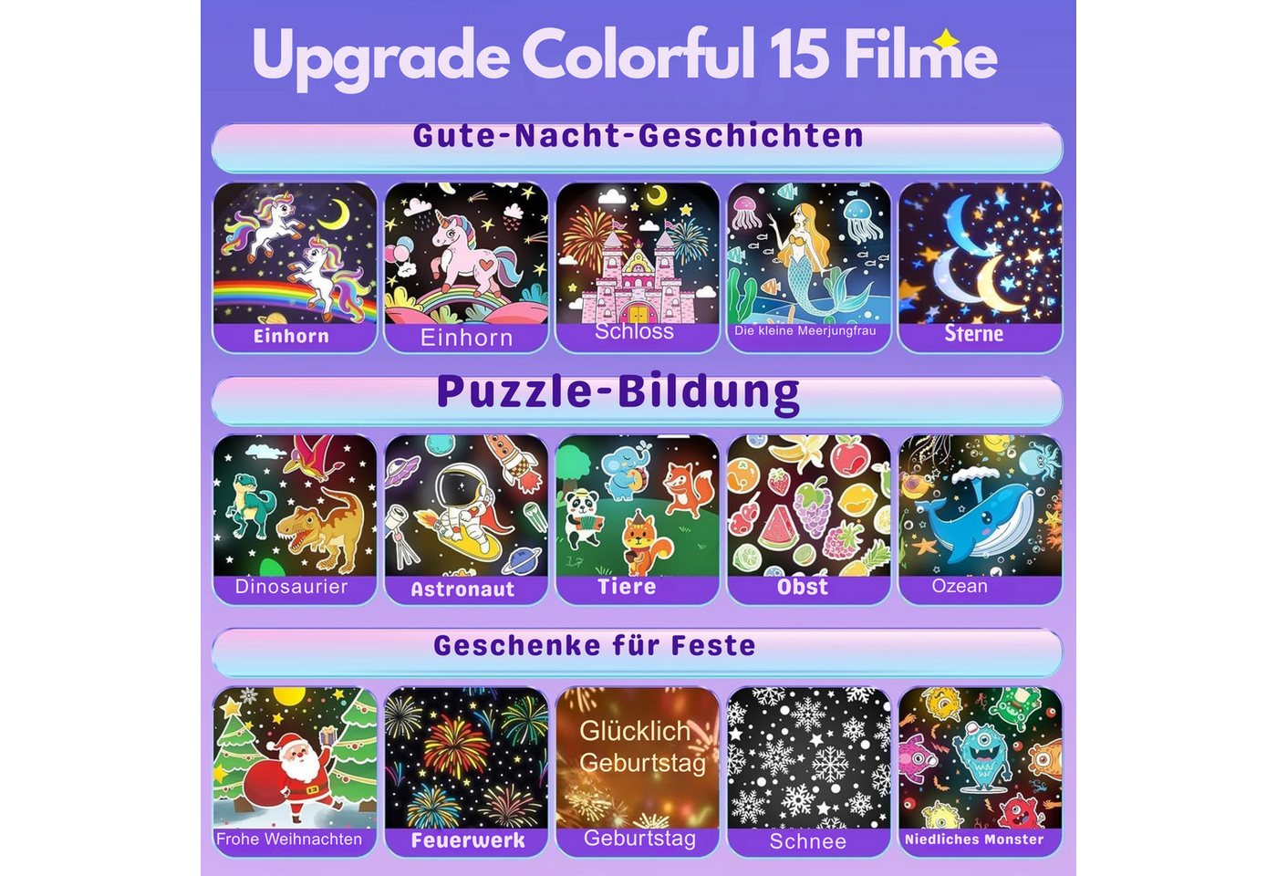 Vivitar LED-Sternenhimmel Projektor Nachtlicht, 15 Projektionsmotive, 315 Beleuchtungsmodi, Personalisierte Geschenke für Kinder, 360°-Drehung, Bluetooth-Lautsprecher, Fernbedienung, 3 Helligkeitsstufen, 15/30/60 Min. Timer, über USB aufladbar, Sternenprojektor für Kinderzimmer, Baby-Nachtlicht, Geschenk für Mädchen und Jungen, Einhorn, Dinosaurier, Astronauten-Projektor, Kinderzimmer dekoration Bild 4