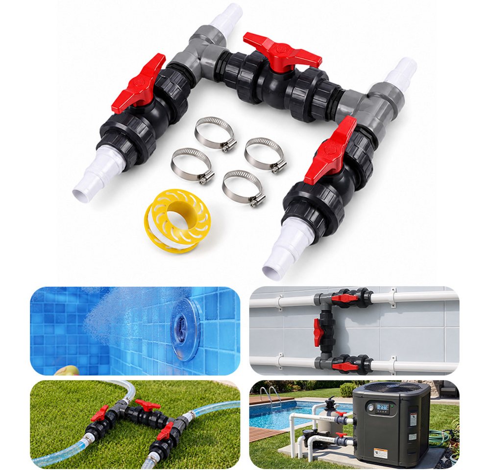 PRIISF Bypass-Set 3-Wege-Ventil Pool Bypass Kit Ø 32mm 38mm für Wärmepumpe Solarheizung, (Bypass Set Pool Sandfilteranlagen Solar Heizung Solarkollektor Adapter, 18-tlg., Steuerung der Wasserzufuhr für eine optimale Temperaturregulierung), Universal Ventil für Poolheizung Salzanlagen Schwimmbad Spa Bild 2