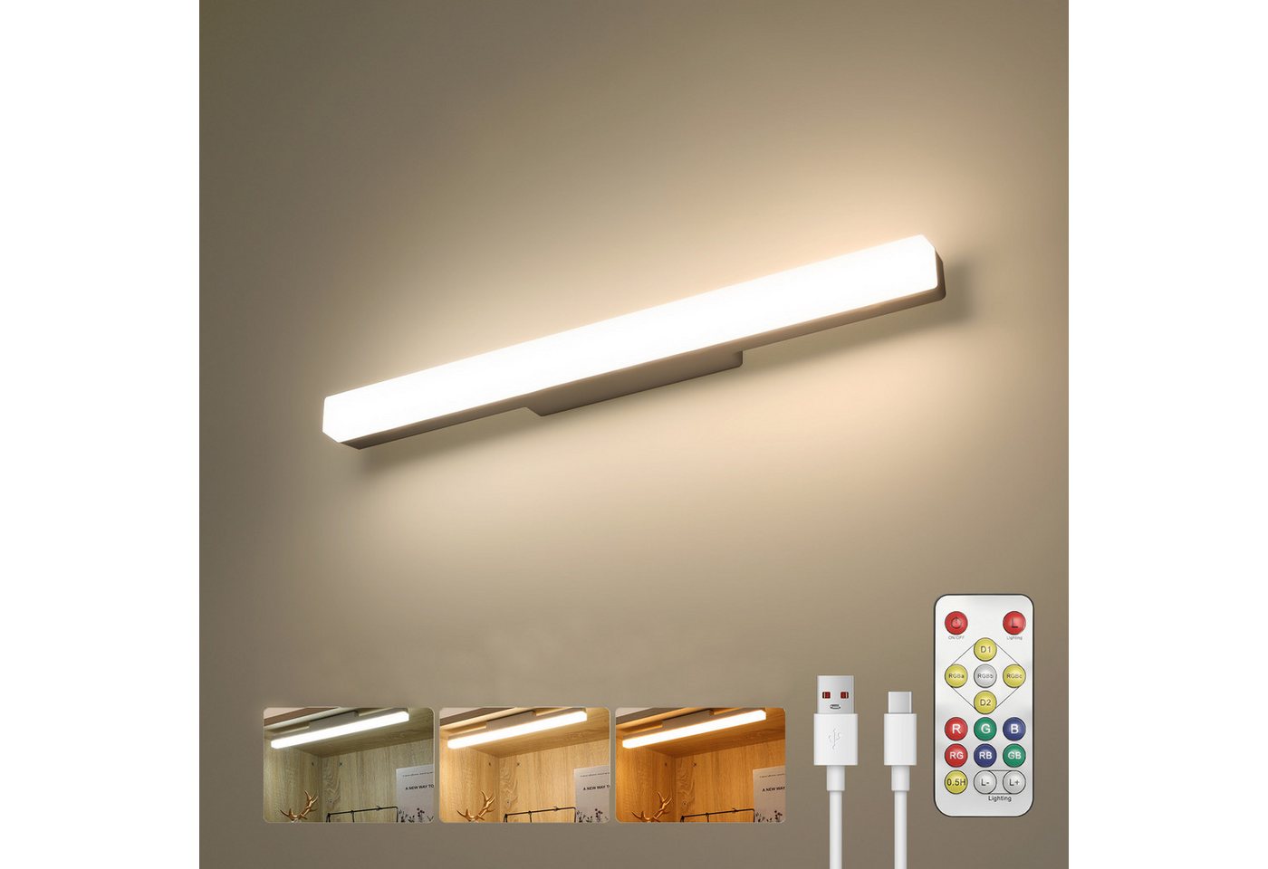 oyajia LED Spiegelleuchte 40cm Spiegelleuchte, 4000mAh Akku Magnetische Wandlamp Spiegellamp, LED fest integriert, Warmweiß, Naturweiß, Kaltweiß, LED Wandleuchte Schminklicht, USB-Aufladung Schrankleuchten Bild 2