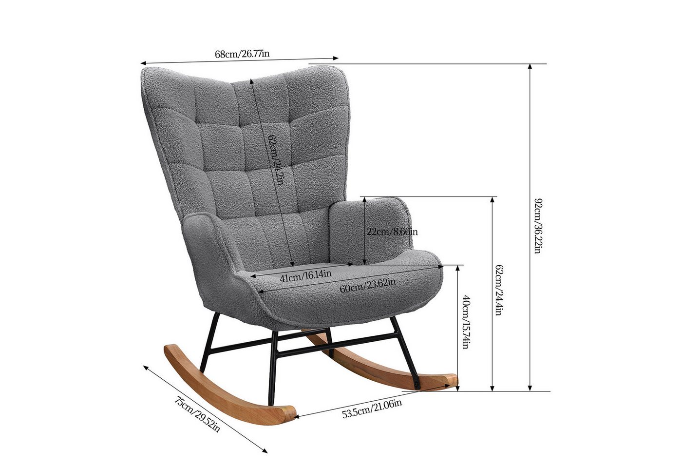 Simurq Schaukelstuhl Teddy Schaukelsessel Wingback mit Holzkufen, Wippfunktion, Teddybezug, Wingback-Design, Holzschwingen Bild 2