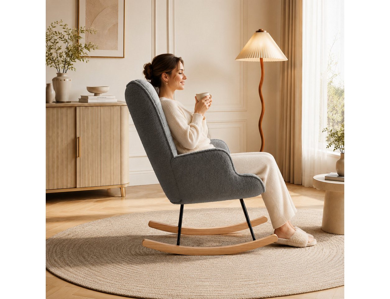 Simurq Schaukelstuhl Teddy Schaukelsessel Wingback mit Holzkufen, Wippfunktion, Teddybezug, Wingback-Design, Holzschwingen Bild 5