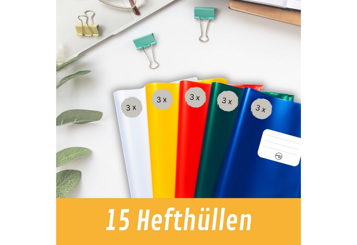 perfect line Schulheft 15 Hefthüllen DIN A4 bunt, 5 Farben, glasklar, 145 my, PP, dokumentenecht, säurefrei, Made in EU