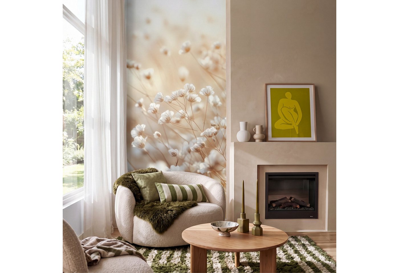 OnlyWow Fototapete Wild - Blumen - Weiß, Matt, bedruckt, Wandtapete, Schlafzimmer, Wanddekoration 100x220cm Bild 2