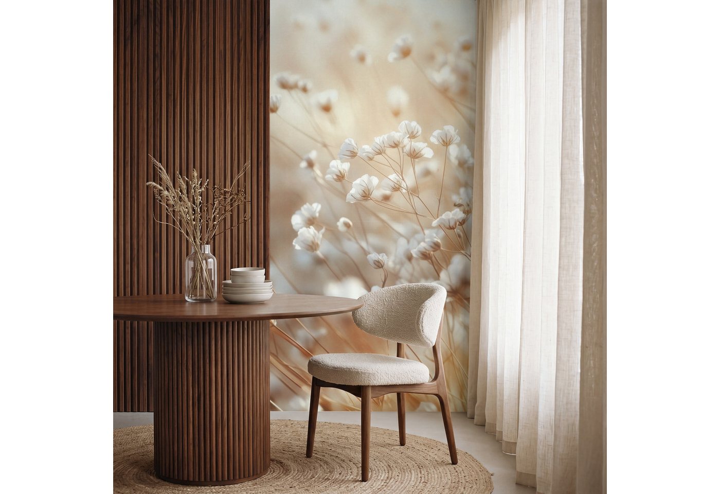 OnlyWow Fototapete Wild - Blumen - Weiß, Matt, bedruckt, Wandtapete, Schlafzimmer, Wanddekoration 100x220cm Bild 4