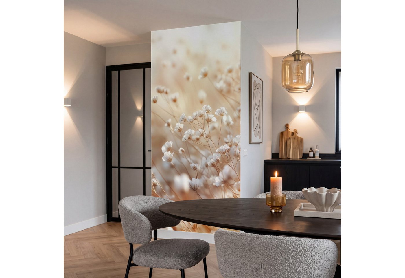OnlyWow Fototapete Wild - Blumen - Weiß, Matt, bedruckt, Wandtapete, Schlafzimmer, Wanddekoration 100x220cm Bild 5