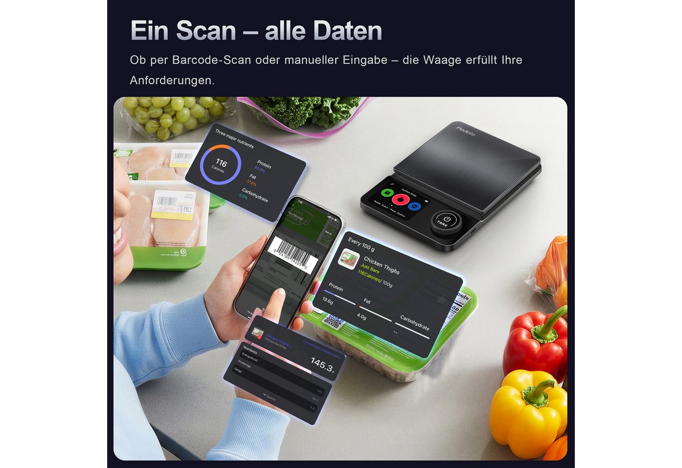 Fyrove Küchenwaage Digitale ProfiFein waage Kitchen Scale mit LCD Display, (Automatische Abschaltung nach 30 Sekunden, Digitale Kuichenwaage aus Edelstahl), Hohe Präzision auf bis zu 1g,Tara-Funktion Zahnrad-Taste