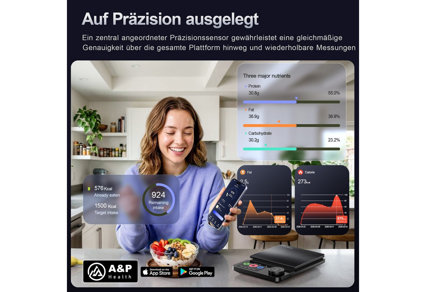 Fyrove Küchenwaage Digitale ProfiFein waage Kitchen Scale mit LCD Display, (Automatische Abschaltung nach 30 Sekunden, Digitale Kuichenwaage aus Edelstahl), Hohe Präzision auf bis zu 1g,Tara-Funktion Zahnrad-Taste Bild 3