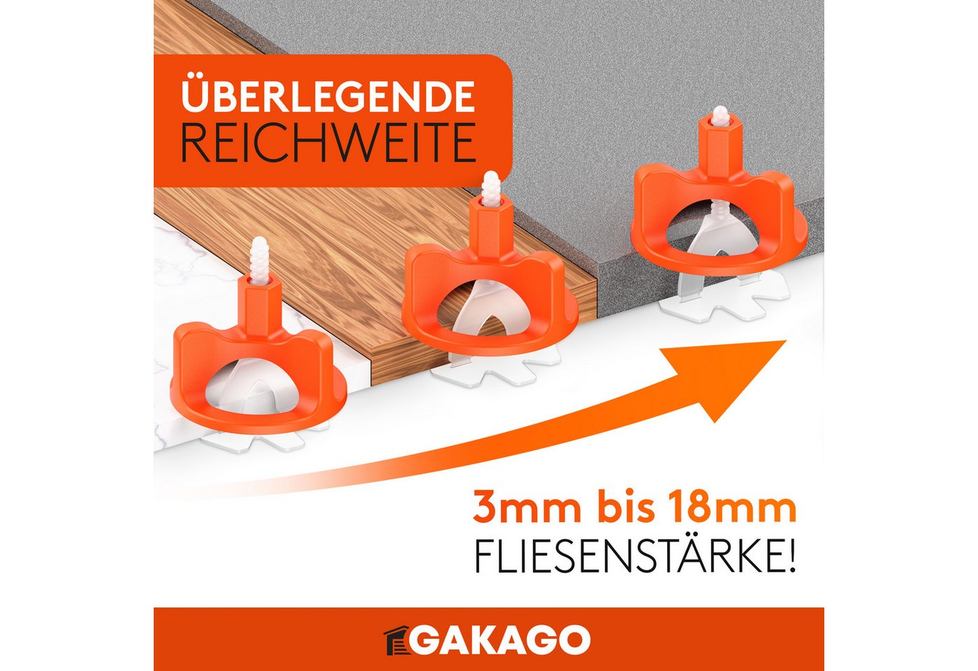 Gakago Nivelliersystem Fliesen (200-tlg., Gewindelaschen 1mm) Verlegehilfe für ein perfektes Fugenbild - Für Fliesenstärken 3-18mm Bild 5