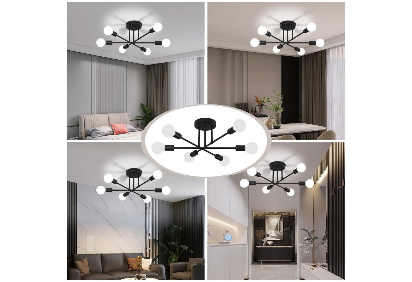 Lapalife LED Deckenleuchte Schwarz Deckenlampe, Halbbündige Kronleuchter Mit 6/8 Flammig, (Ohne Leuchtmittel) Für Wohnzimmer Esszimmer Schlafzimmer Küche Flur Bild 2
