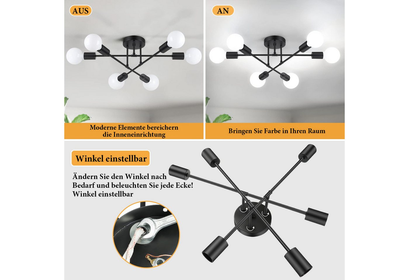 Lapalife LED Deckenleuchte Schwarz Deckenlampe, Halbbündige Kronleuchter Mit 6/8 Flammig, (Ohne Leuchtmittel) Für Wohnzimmer Esszimmer Schlafzimmer Küche Flur Bild 4