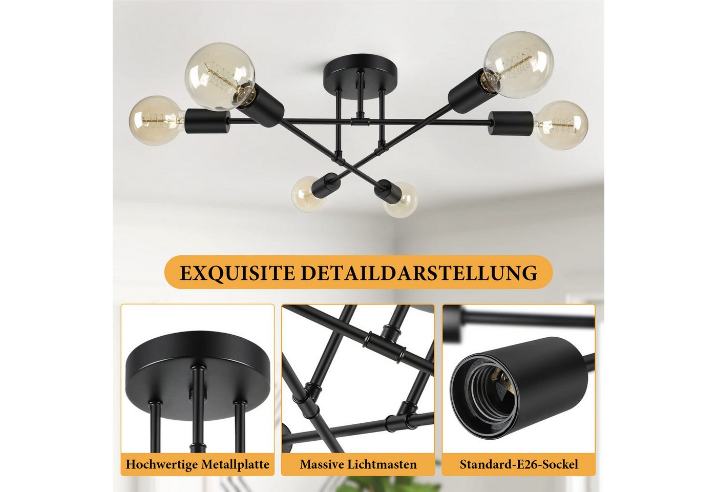 Lapalife LED Deckenleuchte Schwarz Deckenlampe, Halbbündige Kronleuchter Mit 6/8 Flammig, (Ohne Leuchtmittel) Für Wohnzimmer Esszimmer Schlafzimmer Küche Flur Bild 5
