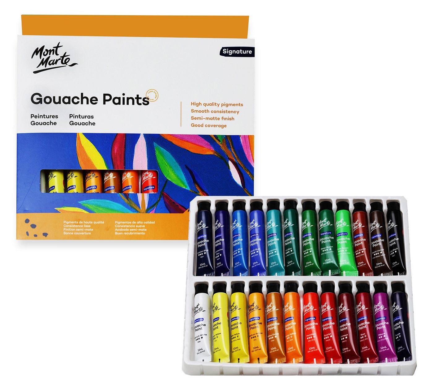 Mont Marte Bastelfarbe SIGNATURE Gouache Farben Set 12 / 24 x 12ml - Intensive Farben, Perfekt für Anfänger & Profi,lebendige Farben,samtiges & mattes Finish Bild 2
