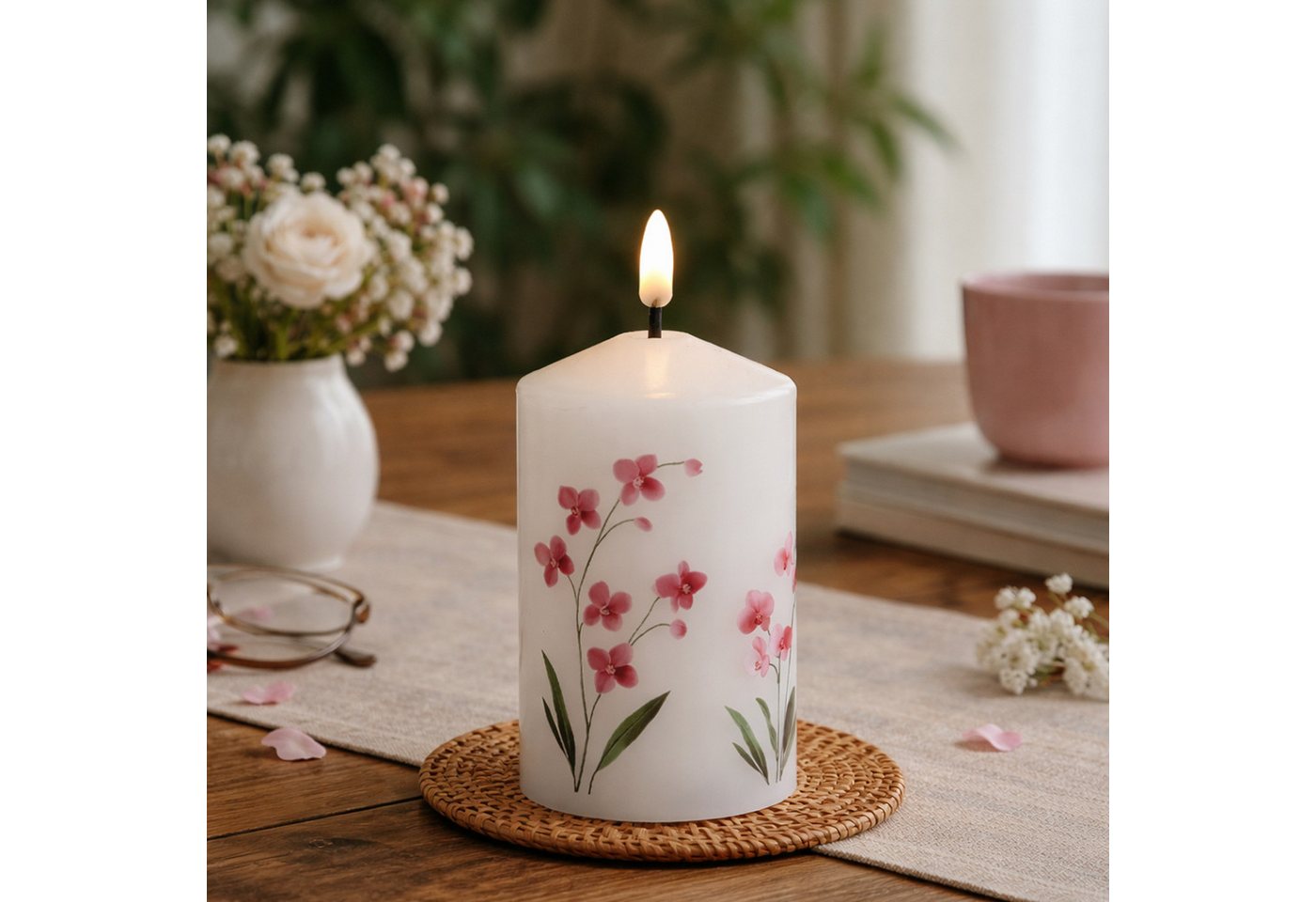MARELIDA LED-Kerze mit Orchideen Motiv Echtwachskerze mit Blumen Design 7x14,5cm Timer, LED Classic, warmweiß (2100K bis 3000K)