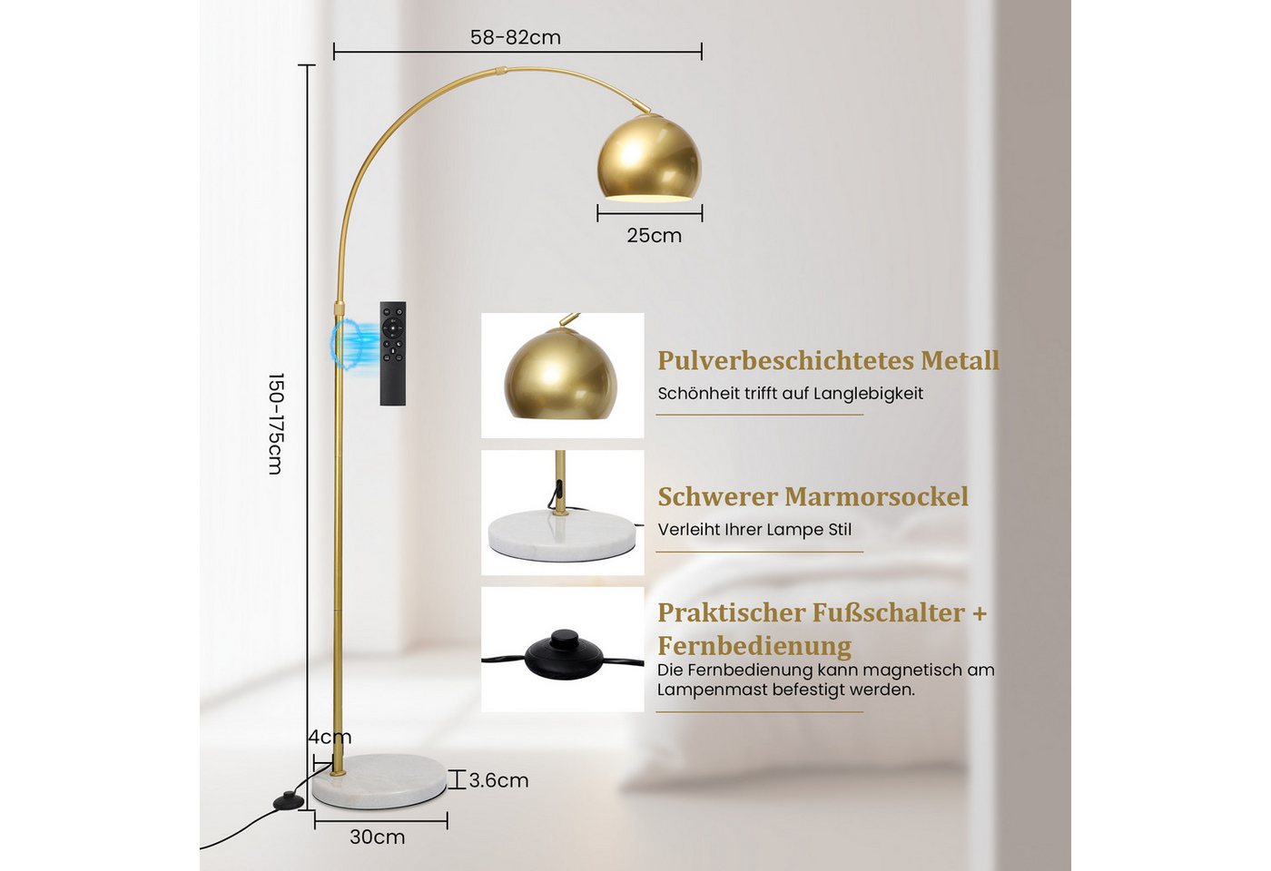 Lapamax Bogenlampe Dimmable Gold Bogen Stehlampe Wohnzimmer, Höhenverstellbar, 3 Lichtfarben, mit Glühbirne, Stehleuchte mit Fernbedienung für Schlafzimmer Büro