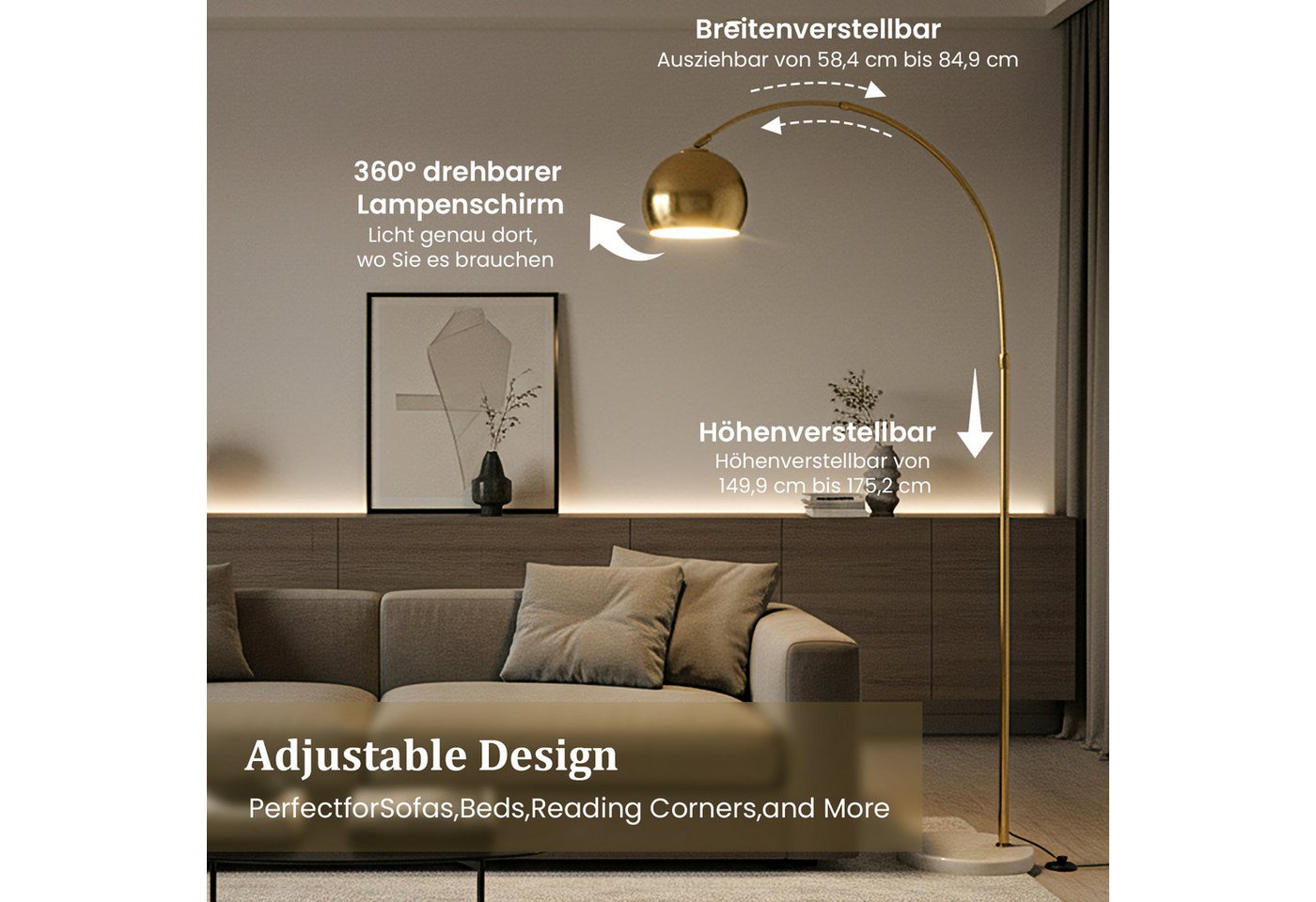 Lapamax Bogenlampe Dimmable Gold Bogen Stehlampe Wohnzimmer, Höhenverstellbar, 3 Lichtfarben, mit Glühbirne, Stehleuchte mit Fernbedienung für Schlafzimmer Büro Bild 2
