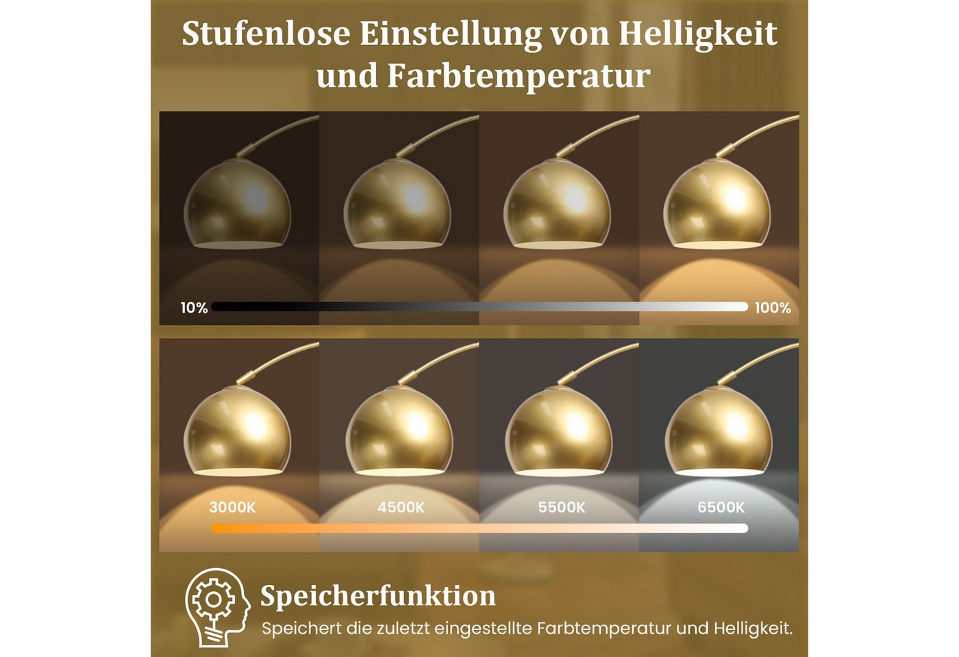 Lapamax Bogenlampe Dimmable Gold Bogen Stehlampe Wohnzimmer, Höhenverstellbar, 3 Lichtfarben, mit Glühbirne, Stehleuchte mit Fernbedienung für Schlafzimmer Büro Bild 3