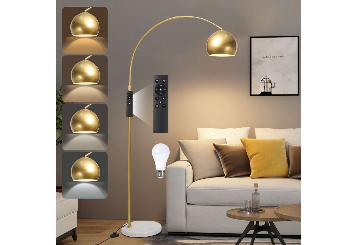 Lapamax Bogenlampe Dimmable Gold Bogen Stehlampe Wohnzimmer, Höhenverstellbar, 3 Lichtfarben, mit Glühbirne, Stehleuchte mit Fernbedienung für Schlafzimmer Büro Bild 4