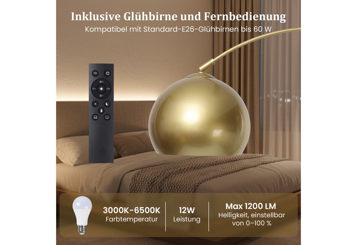 Lapamax Bogenlampe Dimmable Gold Bogen Stehlampe Wohnzimmer, Höhenverstellbar, 3 Lichtfarben, mit Glühbirne, Stehleuchte mit Fernbedienung für Schlafzimmer Büro Bild 5