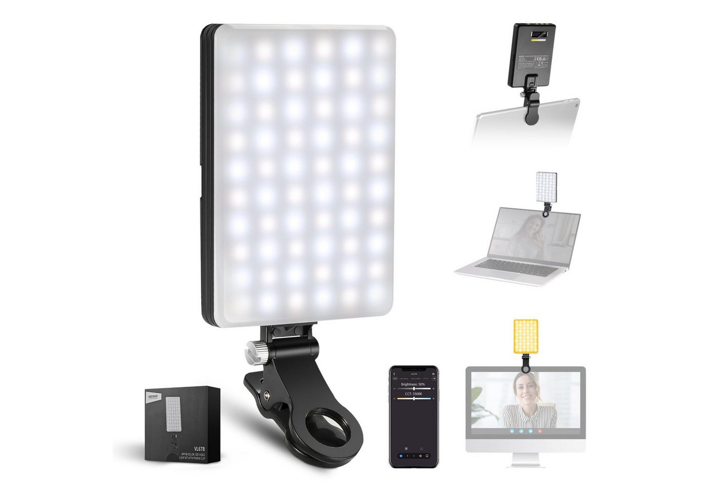 Neewer Videoleuchte VL67B Selfie Licht für iPhone, mit APP Steuerung, 2000mAh, Zweifarbig, Clip-On Fülllicht für Vlogging Aufnahme Live Streaming Laptop Webcam