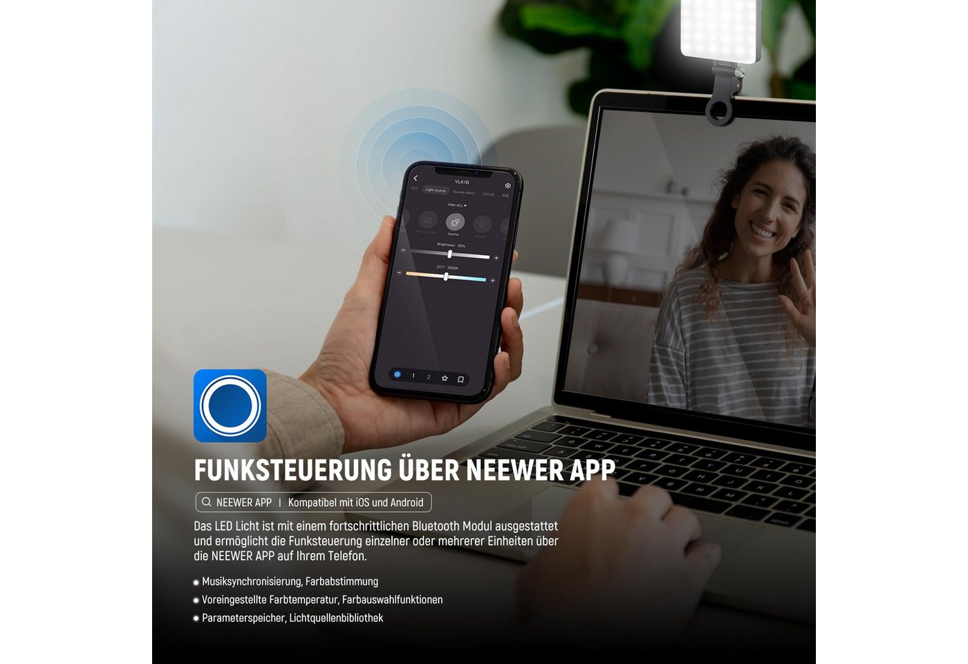 Neewer Videoleuchte VL67B Selfie Licht für iPhone, mit APP Steuerung, 2000mAh, Zweifarbig, Clip-On Fülllicht für Vlogging Aufnahme Live Streaming Laptop Webcam Bild 2