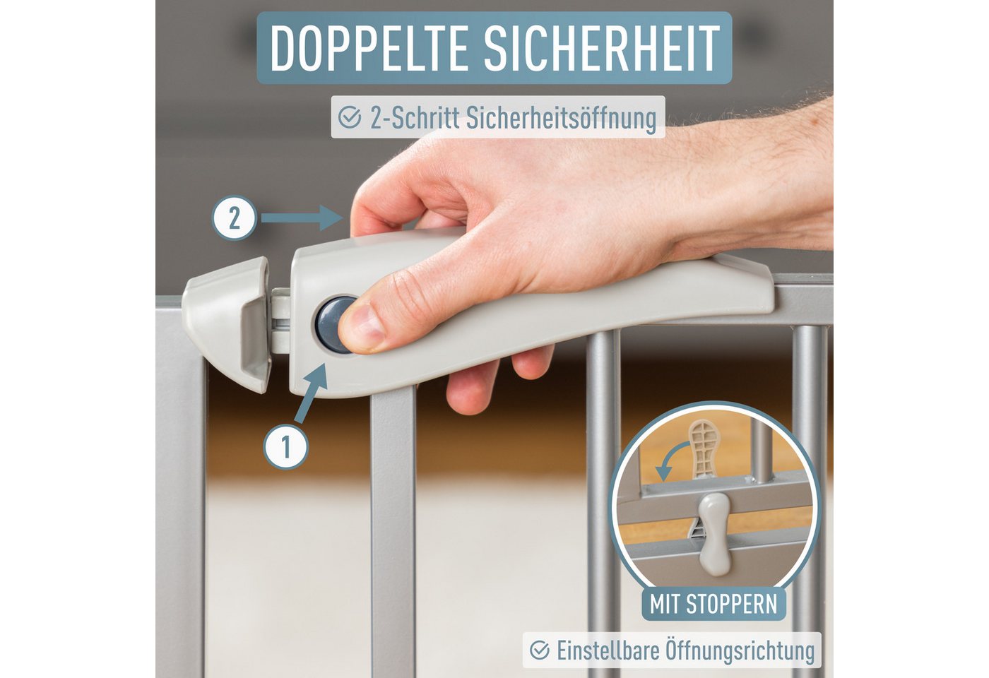 ib style Türschutzgitter Berrin Treppengitter 85-95cm silber-grau, Sicherheitsgitter für Türen und Treppen, Ohne Bohren, Zum Klemmen