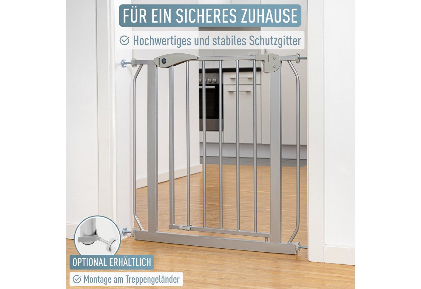 ib style Türschutzgitter Berrin Treppengitter 85-95cm silber-grau, Sicherheitsgitter für Türen und Treppen, Ohne Bohren, Zum Klemmen Bild 5