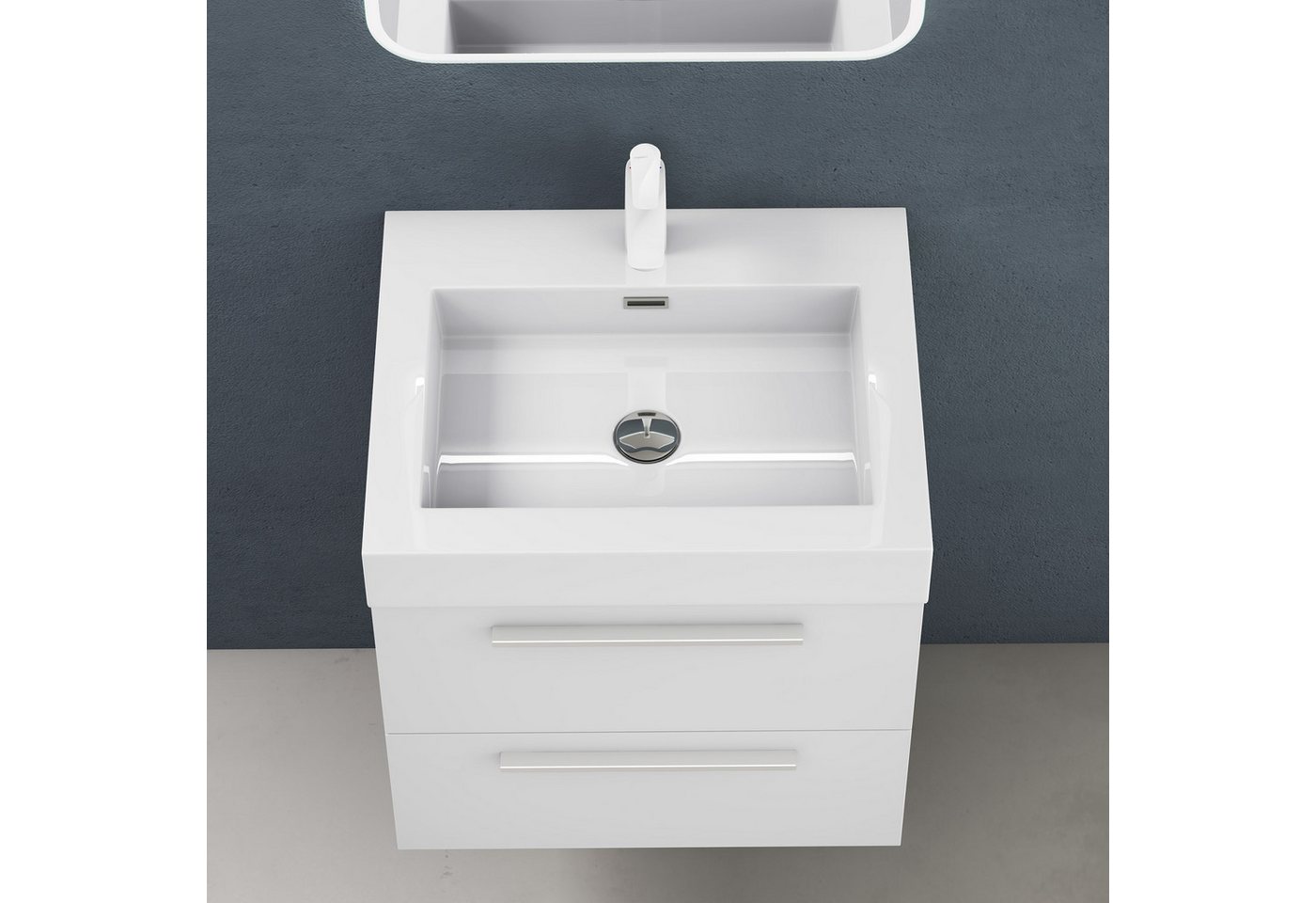 doporro Badezimmer-Set Waschtisch mit Unterschrank 60-100cm mit 2 Schubladen Holz Quadratto, Mineralguss Waschbecken