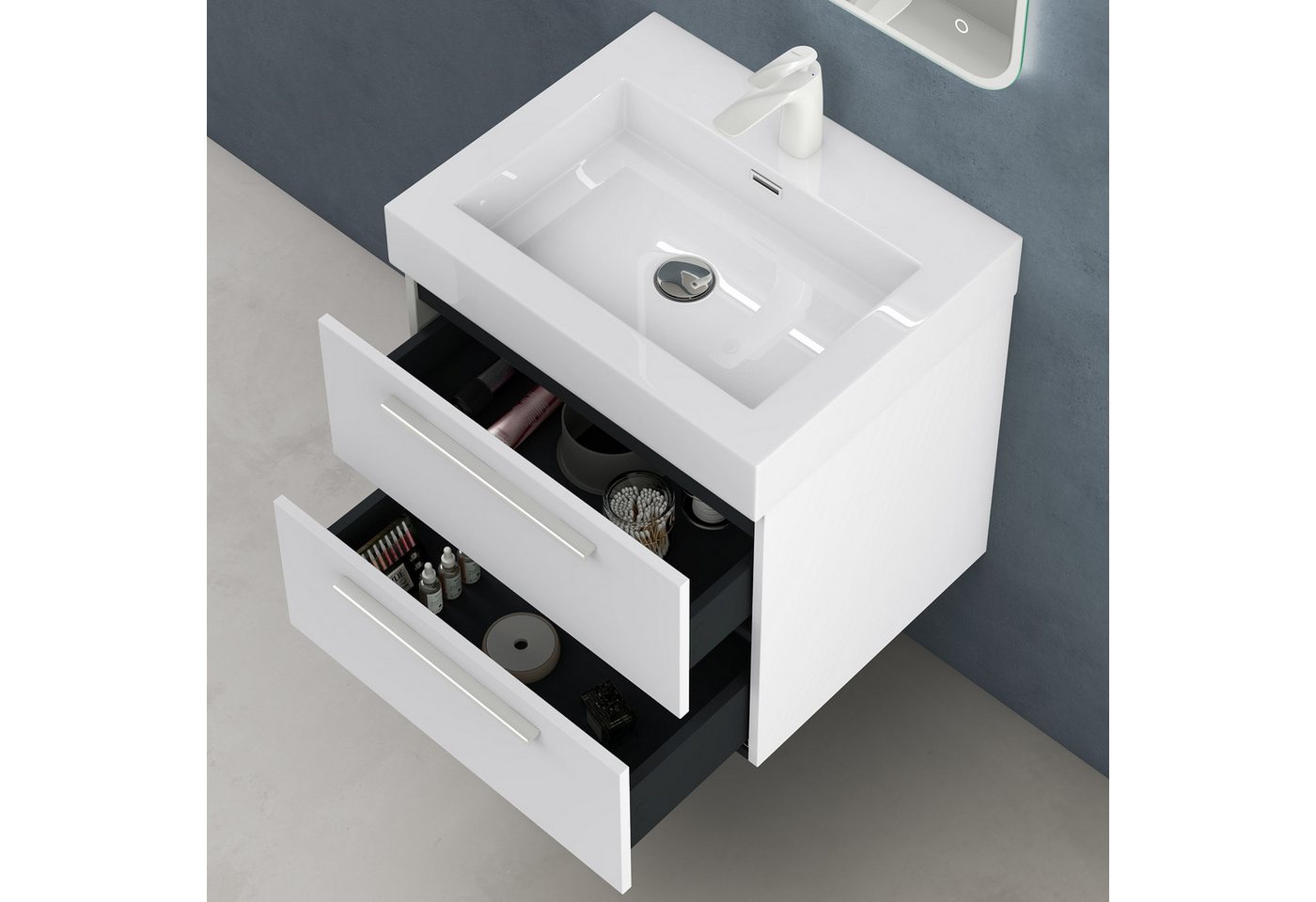 doporro Badezimmer-Set Waschtisch mit Unterschrank 60-100cm mit 2 Schubladen Holz Quadratto, Mineralguss Waschbecken Bild 4
