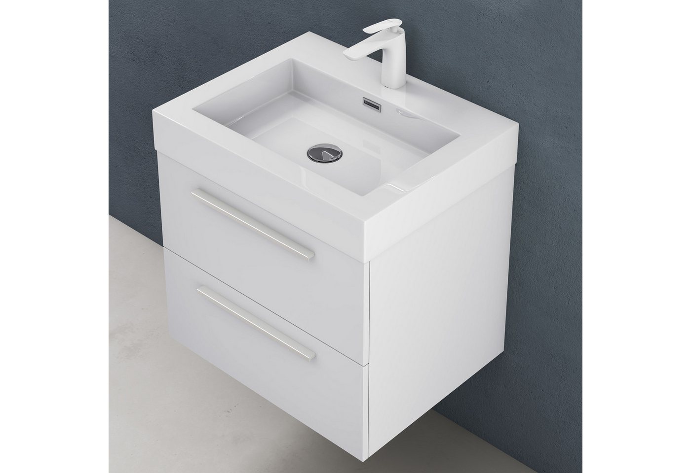 doporro Badezimmer-Set Waschtisch mit Unterschrank 60-100cm mit 2 Schubladen Holz Quadratto, Mineralguss Waschbecken Bild 5