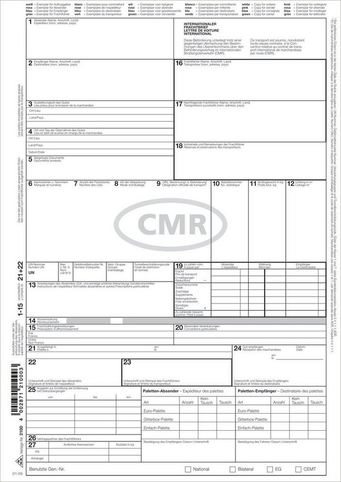 RNK Verlag Formularblock 2100 Internationaler Frachtbrief (CMR) - SD, 1 x 4 Blatt, DIN A4