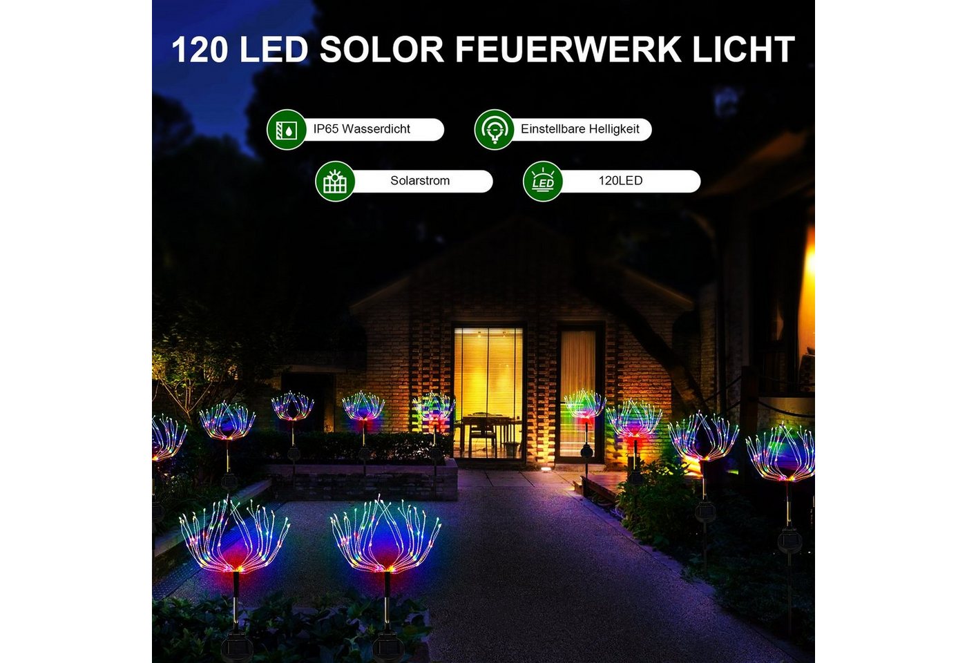 oyajia LED Solarleuchte 1/2/4x 120 LEDs Solarlampe Feuerwerk Lichter, 2 Modi LED Lichterkette, LED fest integriert, bunt, IP65 Wasserdicht Solar-Gartenleuchten, Weg Rasen Garten Dekor Lampe Bild 3
