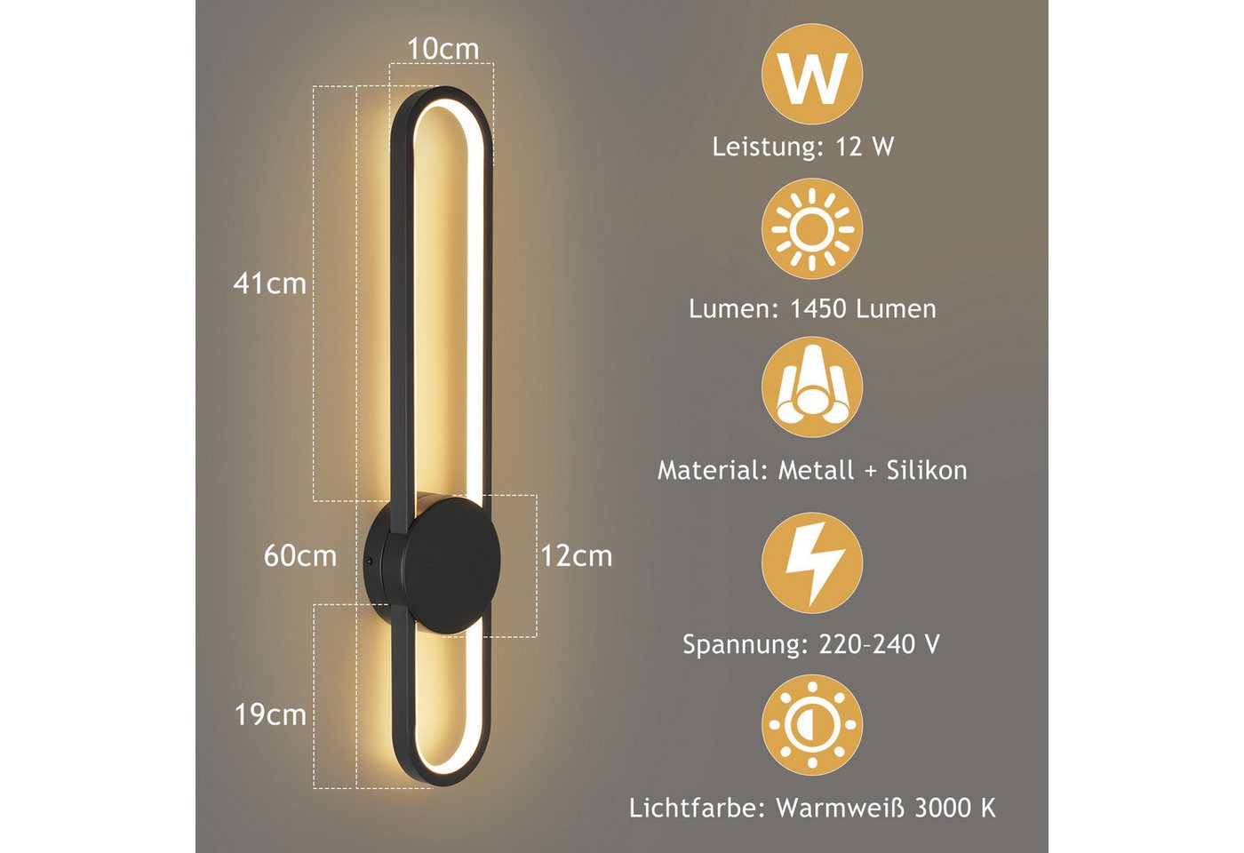 Nettlife LED Wandleuchte Innen Schwarz 12W Treppenhauslampe 60cm Flurlampe Modern 3000K, LED fest integriert, Warmweiß, Minimalistische Wandbeleuchtung für Schlafzimmer Wohnzimmer Flur