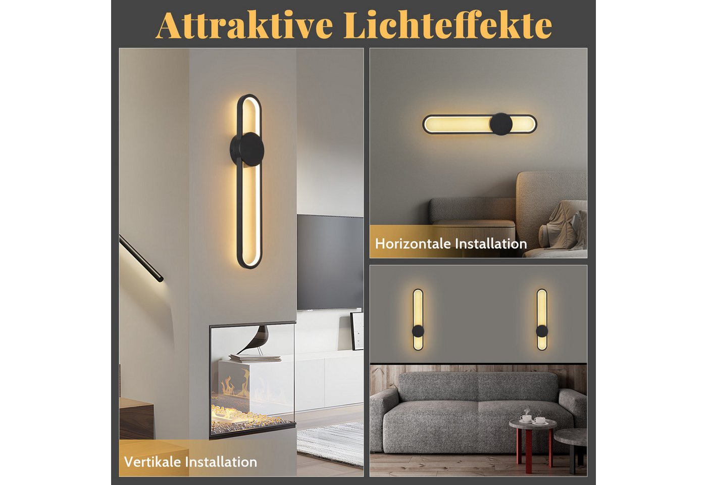 Nettlife LED Wandleuchte Innen Schwarz 12W Treppenhauslampe 60cm Flurlampe Modern 3000K, LED fest integriert, Warmweiß, Minimalistische Wandbeleuchtung für Schlafzimmer Wohnzimmer Flur Bild 5