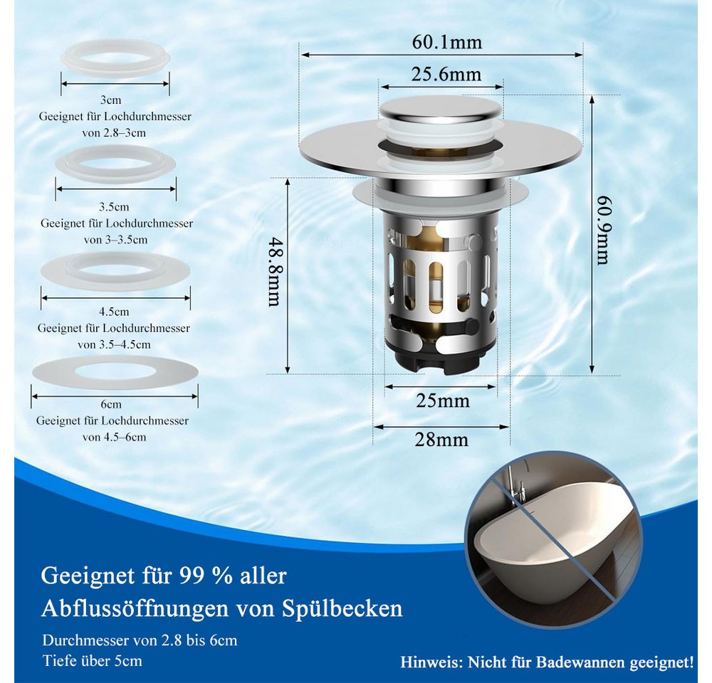 AFKSMILE Waschbeckenstöpsel Waschbeckenstöpsel Pop up Abflusssieb, Universaler Abflussstopfen
