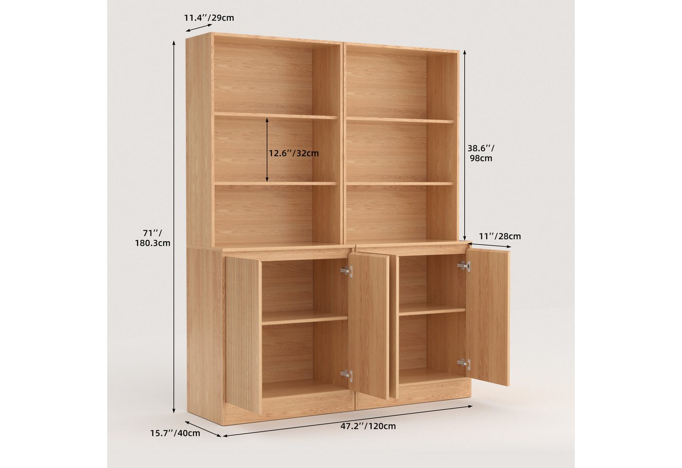 VOWNER Bücherregal 5-stöckig mit 2 Holztüren, 180 cm hoher Standregal mit offenen Fächern, 2-tlg., Mehrzweckschrank, Wohnzimmerschrank, Küchenregal, Sideboard