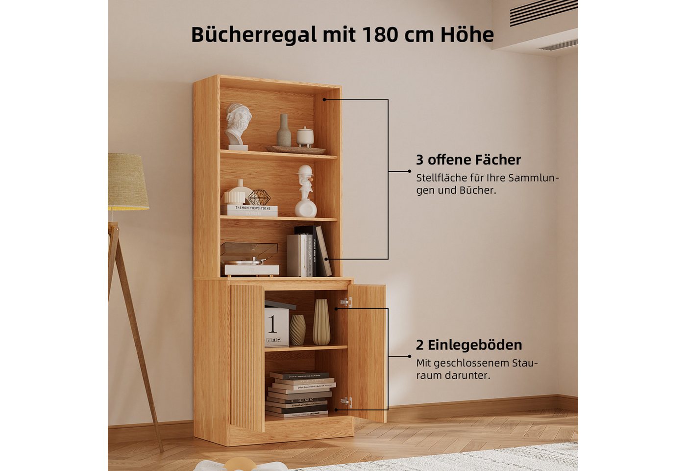 VOWNER Bücherregal 5-stöckig mit 2 Holztüren, 180 cm hoher Standregal mit offenen Fächern, 2-tlg., Mehrzweckschrank, Wohnzimmerschrank, Küchenregal, Sideboard Bild 2