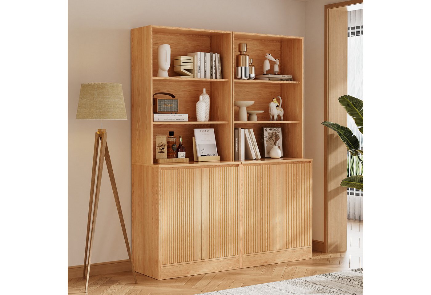 VOWNER Bücherregal 5-stöckig mit 2 Holztüren, 180 cm hoher Standregal mit offenen Fächern, 2-tlg., Mehrzweckschrank, Wohnzimmerschrank, Küchenregal, Sideboard Bild 3