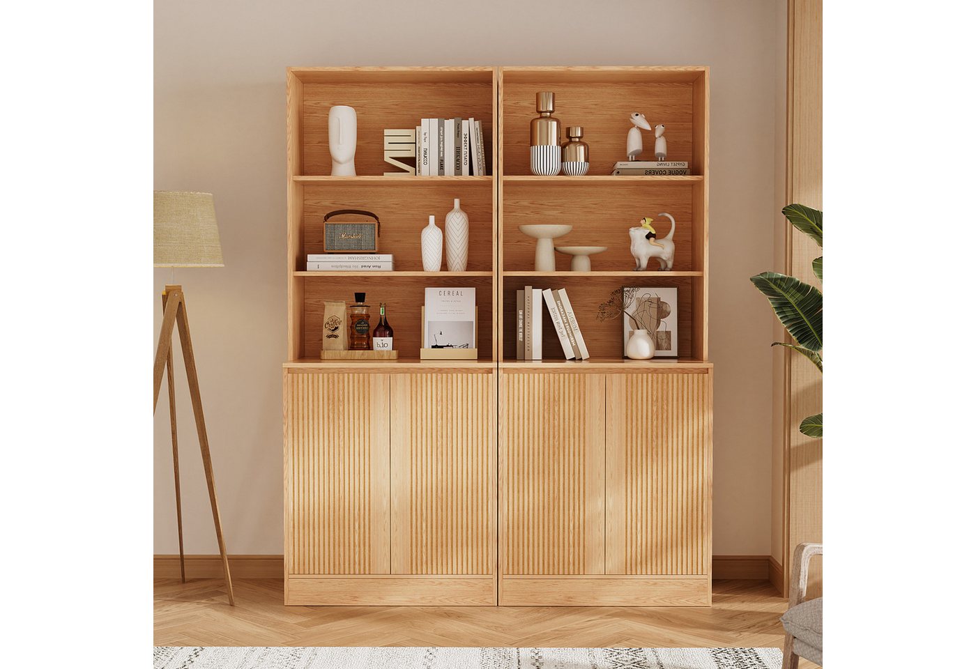 VOWNER Bücherregal 5-stöckig mit 2 Holztüren, 180 cm hoher Standregal mit offenen Fächern, 2-tlg., Mehrzweckschrank, Wohnzimmerschrank, Küchenregal, Sideboard Bild 4