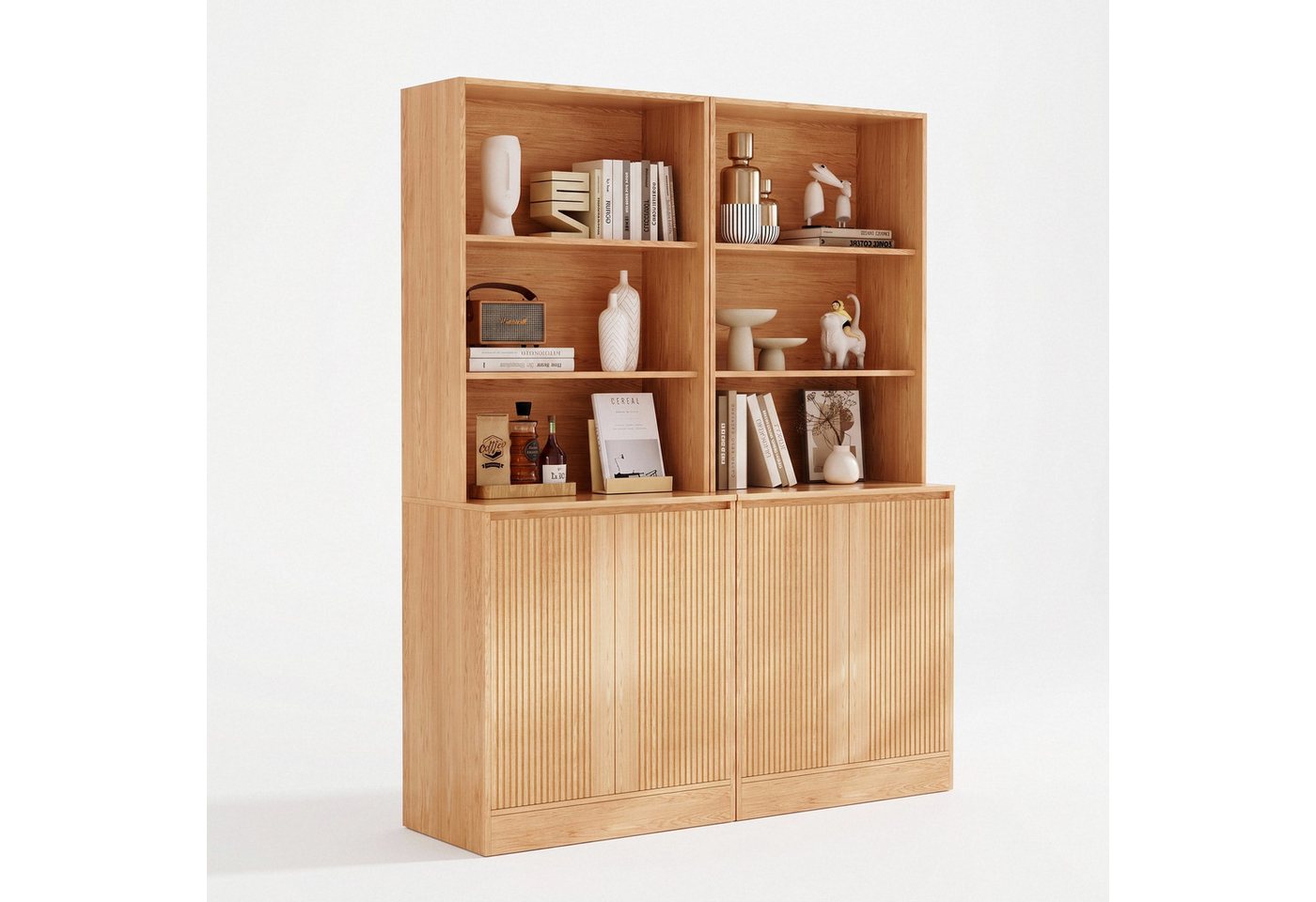 VOWNER Bücherregal 5-stöckig mit 2 Holztüren, 180 cm hoher Standregal mit offenen Fächern, 2-tlg., Mehrzweckschrank, Wohnzimmerschrank, Küchenregal, Sideboard Bild 5