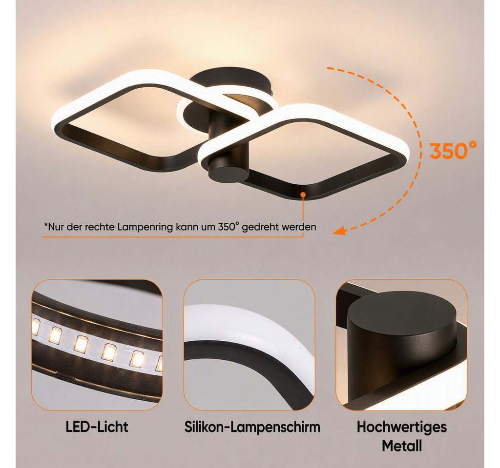 BlingBin LED Deckenleuchte 46cm DeckenLampe 34W 1895 lm, sandschwarz, 3000 K, LED fest integriert, Tageslichtweiß, Modern Deckenlampe 3000K für Wohnzimmer Küche Flur Bild 3