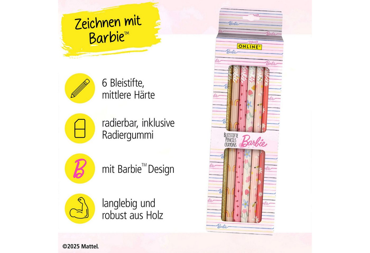 Online Pen Bleistift Barbie Bleistifte 6er Set mit Radierer - Schule & Malen Bild 4