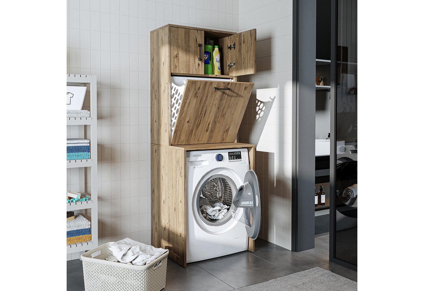 Roomart Waschmaschinenumbauschrank LUNA Waschmaschinenschrank 65 cm, Wäschekorb integriert, 4 Farben (Waschmaschinenschrank mit Überbau & Wäschekorb - platzsparend) Integrierter Klapp-Wäschekorb, Soft-Close, 4 Farben
