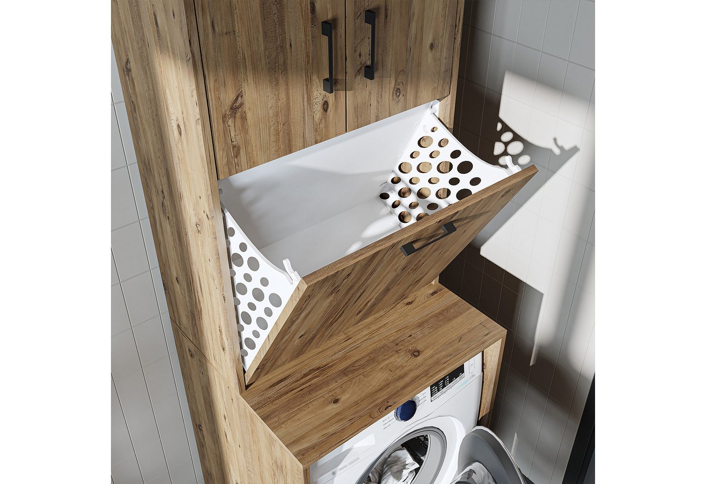 Roomart Waschmaschinenumbauschrank LUNA Waschmaschinenschrank 65 cm, Wäschekorb integriert, 4 Farben (Waschmaschinenschrank mit Überbau & Wäschekorb - platzsparend) Integrierter Klapp-Wäschekorb, Soft-Close, 4 Farben Bild 3