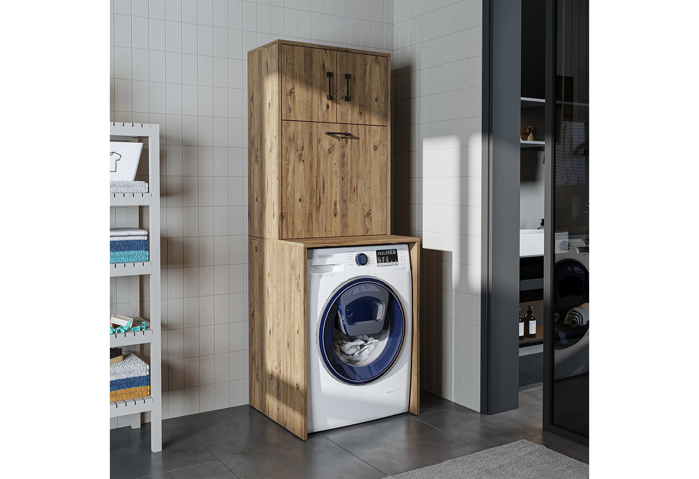 Roomart Waschmaschinenumbauschrank LUNA Waschmaschinenschrank 65 cm, Wäschekorb integriert, 4 Farben (Waschmaschinenschrank mit Überbau & Wäschekorb - platzsparend) Integrierter Klapp-Wäschekorb, Soft-Close, 4 Farben Bild 4
