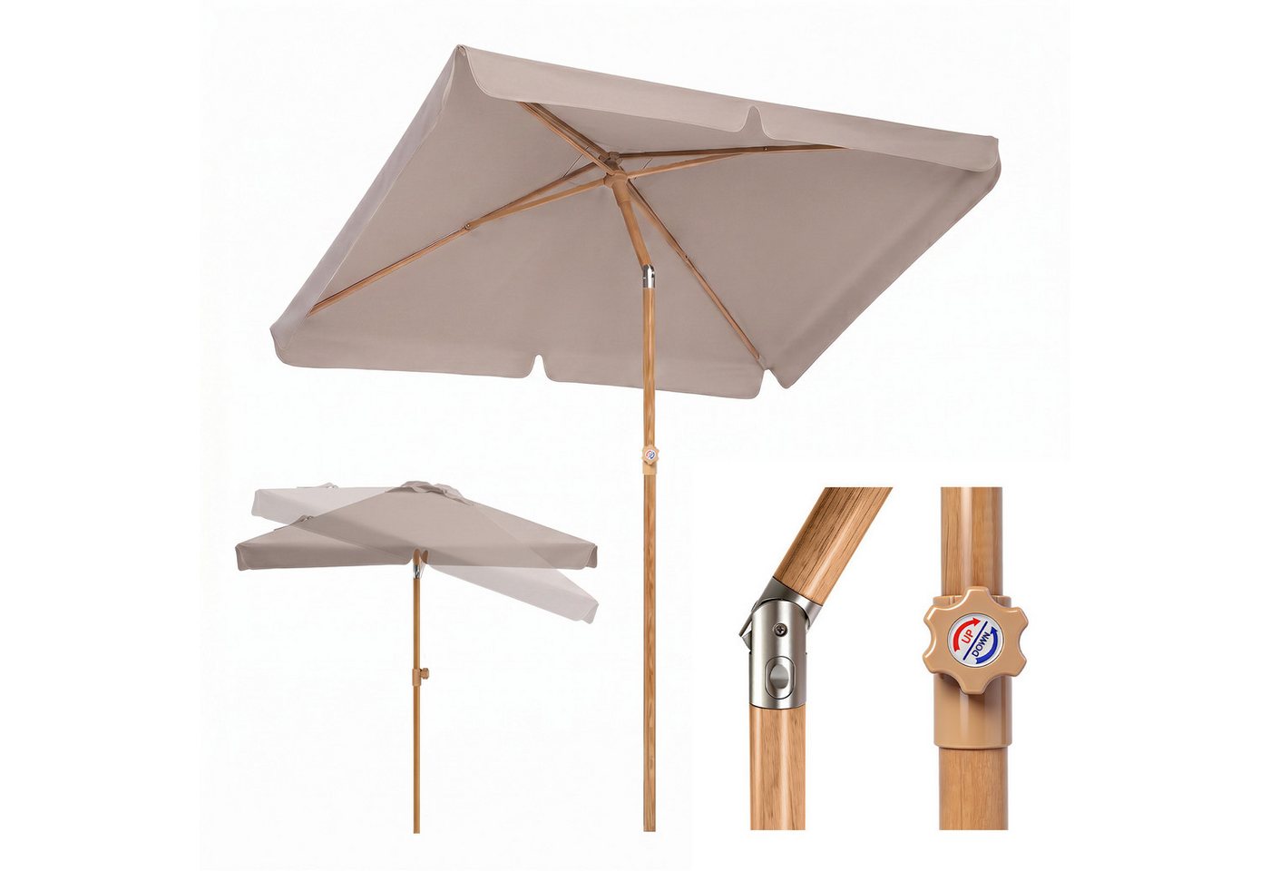 Sekey Sonnenschirm 200 x 125 cm Rechteckig Höhenverstellbar Holzoptik Gartenschirm, UV50+ Sonnenschutz, für Terrasse Bild 2