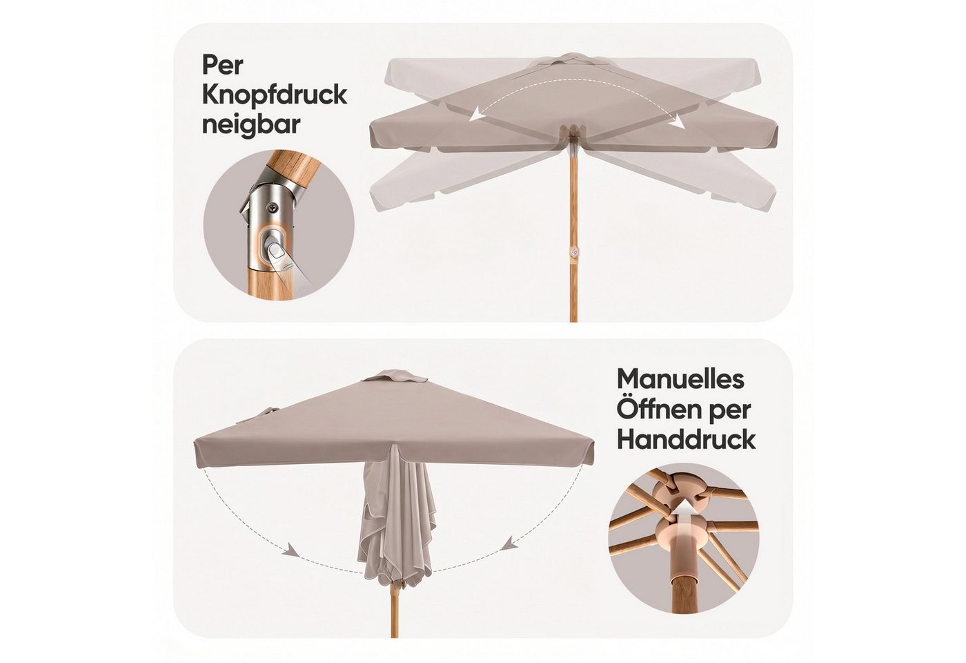Sekey Sonnenschirm 200 x 125 cm Rechteckig Höhenverstellbar Holzoptik Gartenschirm, UV50+ Sonnenschutz, für Terrasse Bild 5