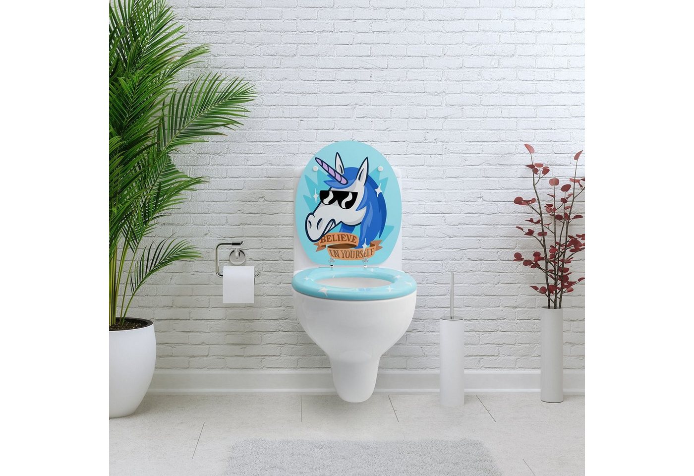 Sanfino WC-Sitz "Funky Unicorn“ Premium Toilettendeckel mit Absenkautomatik aus Holz, mit schönem Motiv, hohem Sitzkomfort, einfache Montage Bild 5