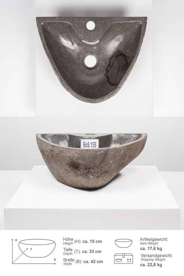wohnfreuden Aufsatzwaschbecken Naturstein Waschbecken 40 cm oval mit Hahnloch (Kein Set), 101840_Bc6.155 Bild 2