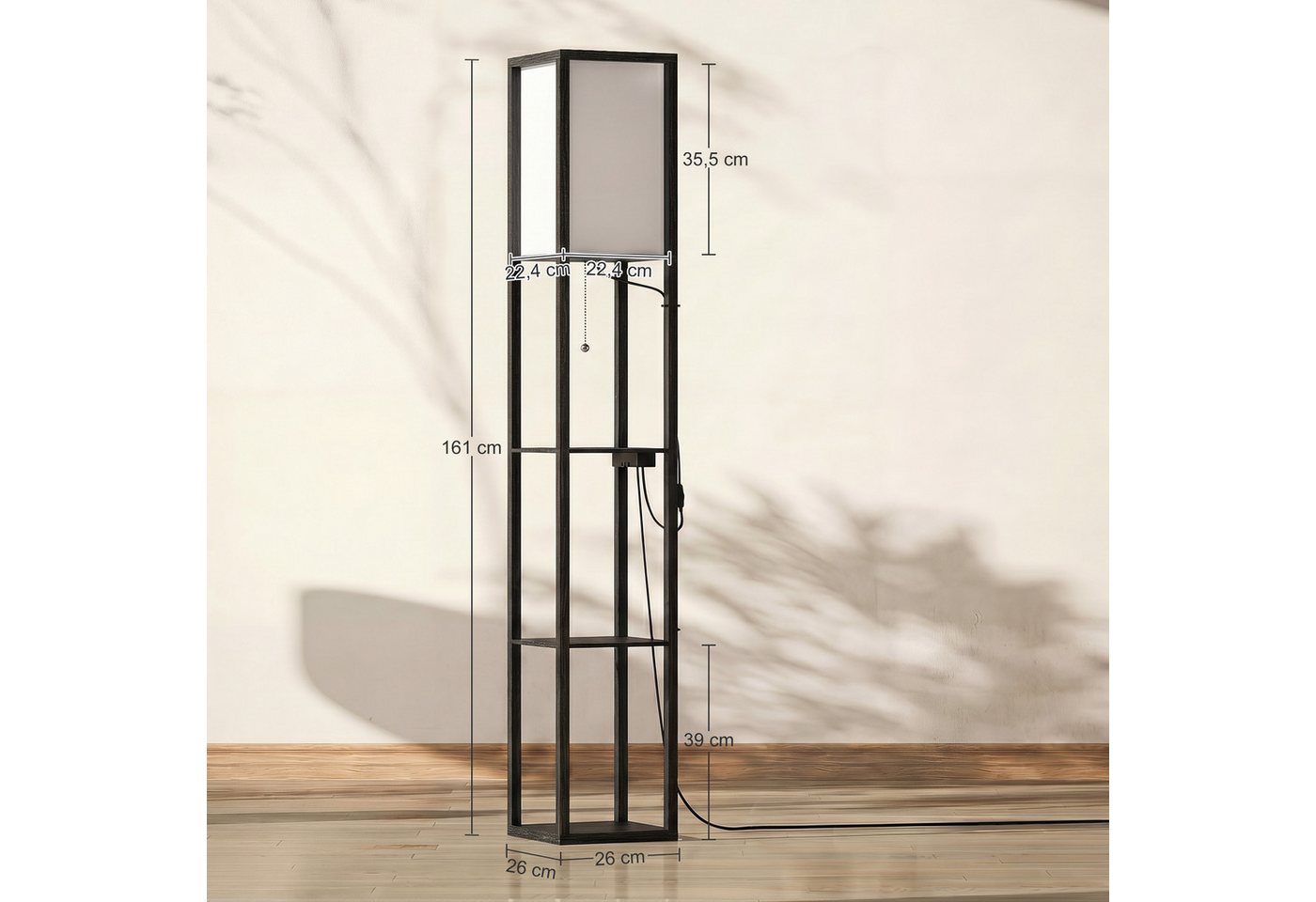 HOMCOM Stehlampe Standleuchte mit Regalen, Wohnzimmer Stehleuchte mit E27 Fassung, Dimmfunktion, mehrere Helligkeitsstufen, Ein-,Ausschalter, Ladefunktion, LED wechselbar, Neutralweiß, 2-in-1 Stehlampe mit Ablagen, dimmbar