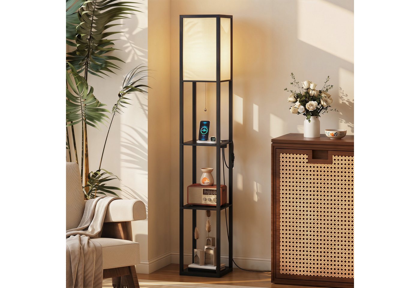 HOMCOM Stehlampe Standleuchte mit Regalen, Wohnzimmer Stehleuchte mit E27 Fassung, Dimmfunktion, mehrere Helligkeitsstufen, Ein-,Ausschalter, Ladefunktion, LED wechselbar, Neutralweiß, 2-in-1 Stehlampe mit Ablagen, dimmbar Bild 2